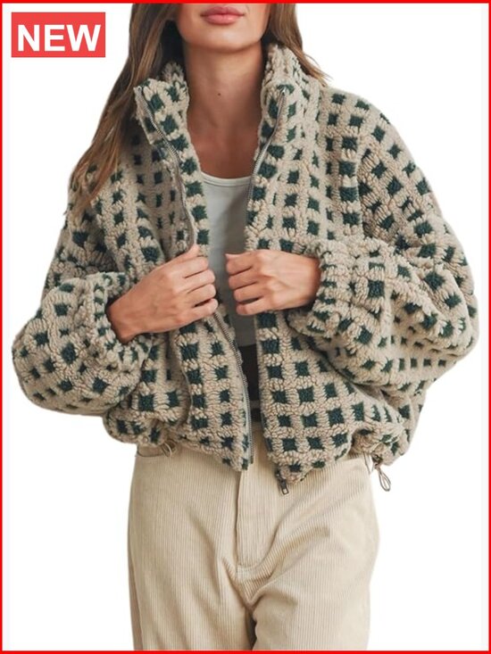 Jackets & Blazers - Cropped Sherpa Fleece Plaid Jacket Casual Teddy Fleece Outerwear Long Sleeve